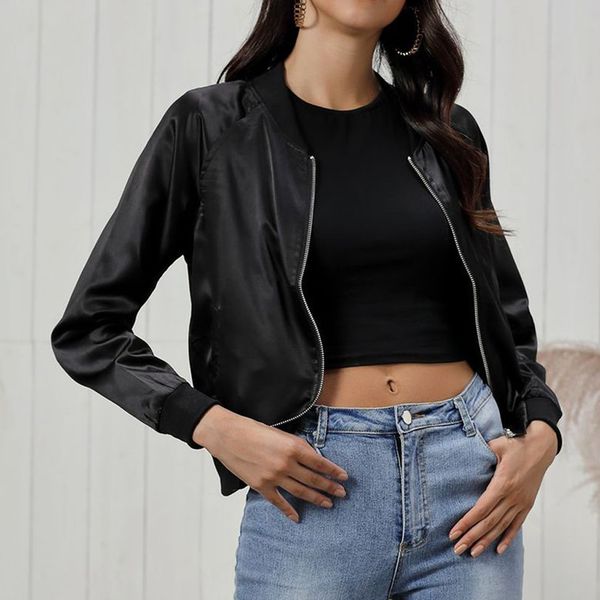 

2019 fashion womens short jacket autumn sports outwear solid casual plain zip up retro coat pocket long sleeve running jackets, Black;red