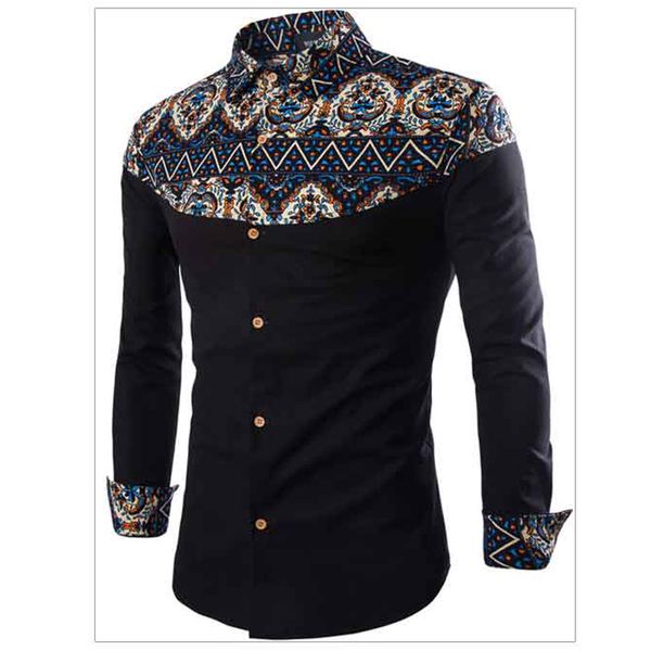

2020 formal dress shirts for men casual man shirt summer clothing patchwork ethnic printed male tuxedo shirts plus size 4xl a441, White;black
