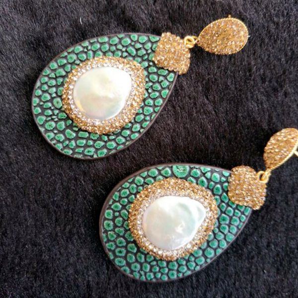 

gold orange green leather drop earrings with nature pearl women's fashion jewelry long dangle earrings for women oorbellen, Silver