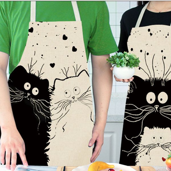 

women minimalist cute cartoon cats pattern apron cotton and linen material is refreshing and easy to wear