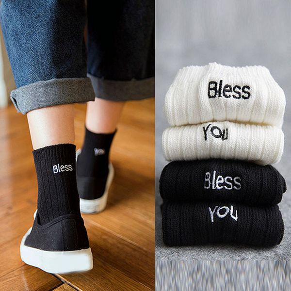 

fashion embroidery men socks cotton cute letter funny bless you print skateboard socks warm soft sweat high quality, Black