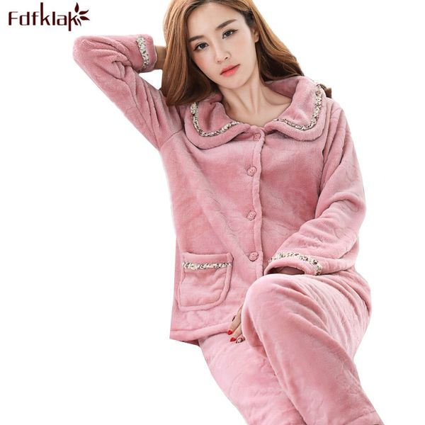 

fdfklak new casual pajamas for women long sleeve flannel pyjamas women large size women's pijamas set thick warm sleepwear suit, Blue;gray
