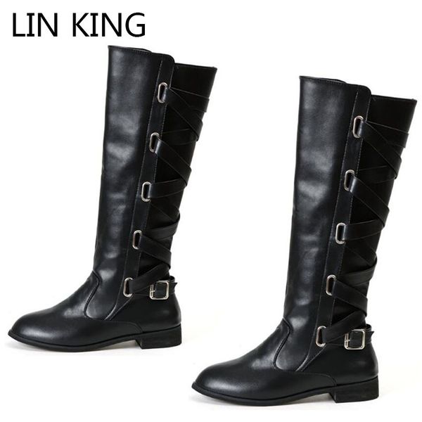 

lin king vintage women over the knee boots zipper solid boots round toe motorcycle ladies western botas plus size, Black