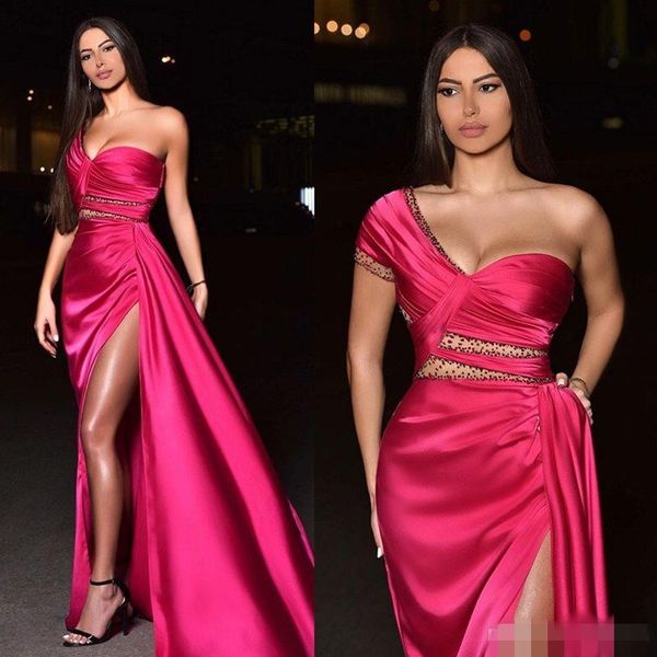 

modest fuchsia prom dresses satin one shoulder short sleeves slit beaded illusion ruched pleats custom made evening party gowns plus size, Black
