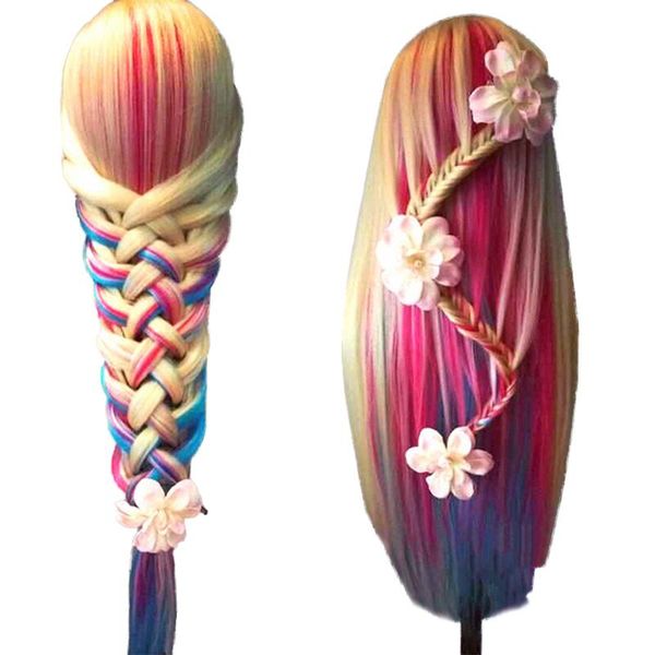 

hairdressing training high fiber long yfashion hair head model with rainbow colour hairpiece clamp stand practice salon head, Brown