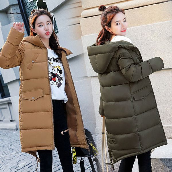 

girl cotton padded jacket winter parkas new women 80% hooded coat plus size thick warm slim students long parkas, Black