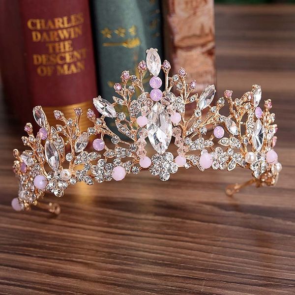 

forseven women pink crystal tiara gold baroque rhinestone bride crown wedding bridal diadem headpiece hair accessories jewelry, Golden;white