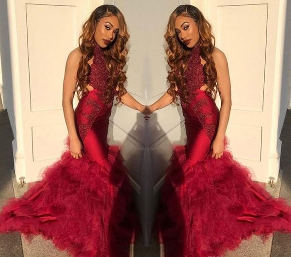 

burgundy color high neck prom dresses african black girls mermaid holidays graduation wear evening party gowns plus size