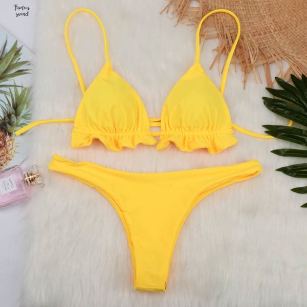 

wear yellow ruffle bikini biquini set thong swimsuit swimwear women red push up bandage bikini 2019 maillot de bain, White;black