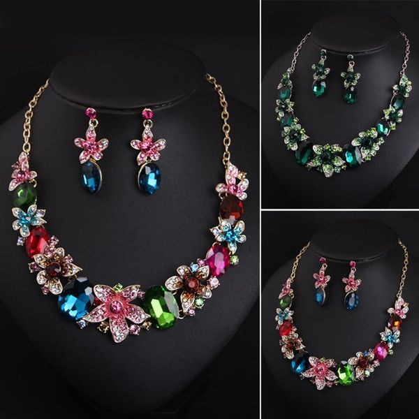 

colorful flowers crystal rhinestone statement jewelry set wedding bib choker necklace earrings bridal women party accessory gift, Silver