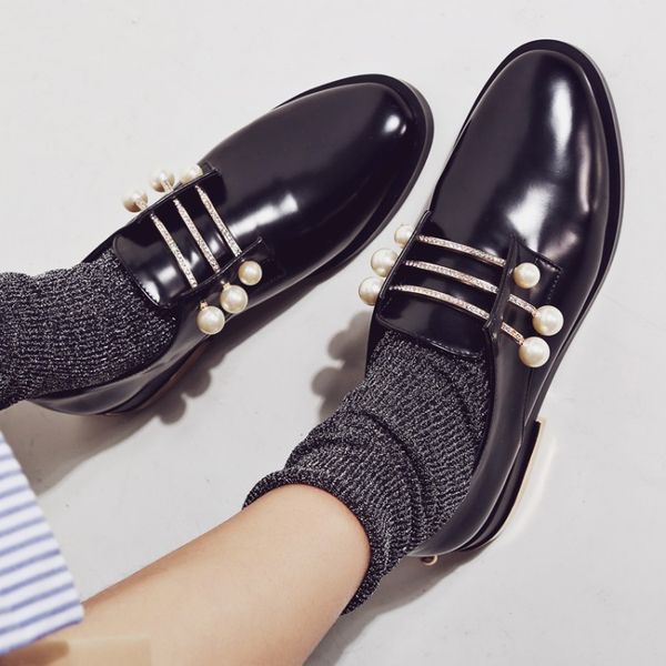 

hight colors 2019 women oxfords summer ladies shoes low heel pu leather lace up rhinestone black woman wedding shoes size 34-43