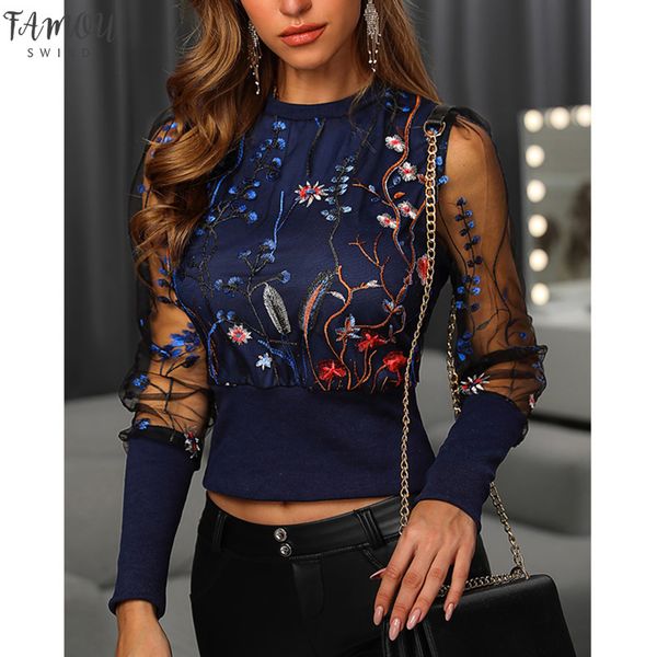 

2020 new fashion women blouses floral embroidery long sleeve round neck sheer mesh insert blouse, White