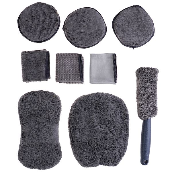 

new 9pcs microfibre car wash cleaning tools set gloves towels applicator pads sponge car care kit wheel brush cleaning kit