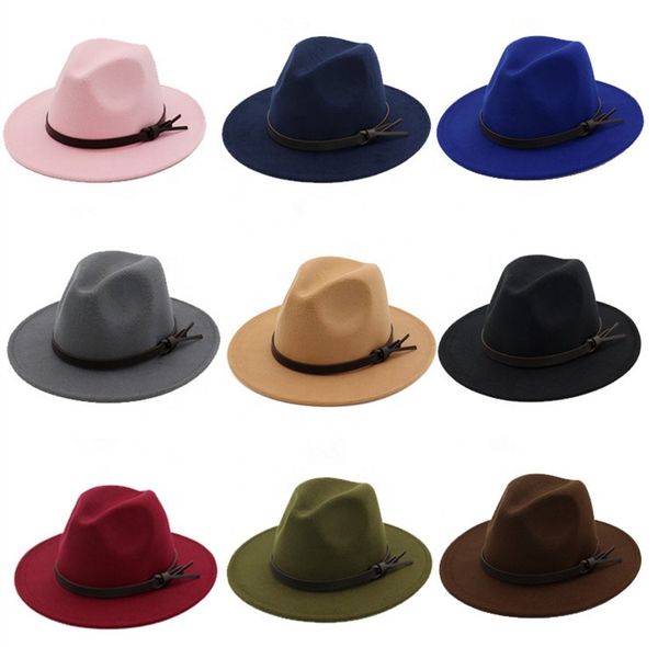 

flat brim sombreros womens lady imitate wool felt fedora hats with faux leather ribbon