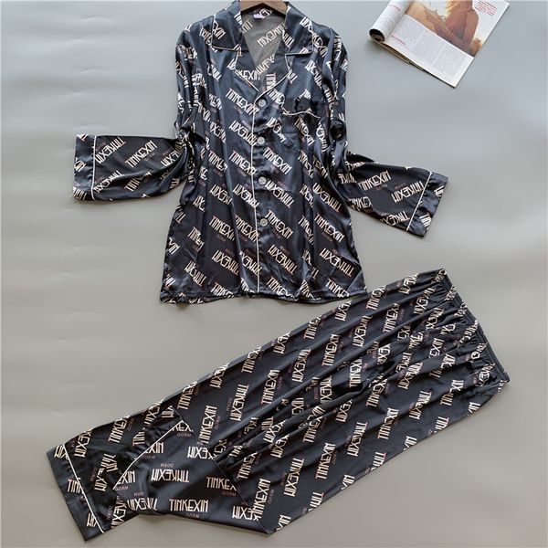 

pajamas women & men autumn and winter silk print pyjama summer silk suit cardigan long sleeved pants tracksuit, Black;brown
