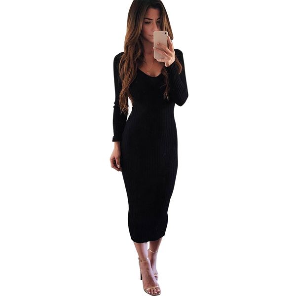 

women winter vintage bodycon knitted dress solid color slash neck deep v-neck long sleeve elegant jumper casual long party dress, Black;gray