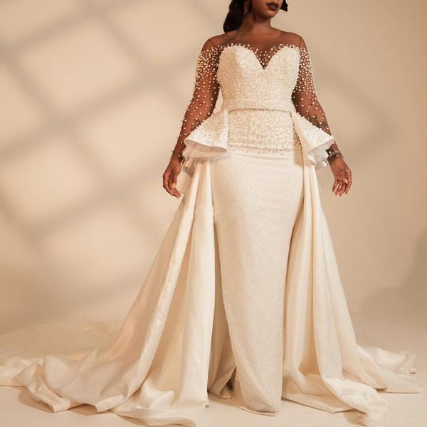 

African Mermaid Plus Size Wedding Dresses Overskirts Sheer Neck 2019 Long Sleeve Pearls Garden Country Bridal Gowns Custom Made