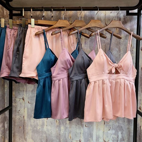 

women short pants silk satin pajama sets 2pcs strappy camis +pants female nightwear sleepwear babydolls pyjamas femme, Blue;gray