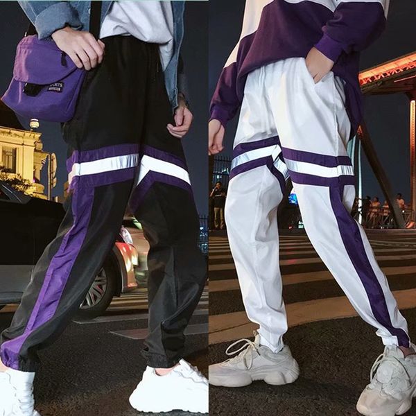 

hip hop windbreaker streetwear trousers harem pants male striped reflective stitching color block patchwork track pants mens, Black