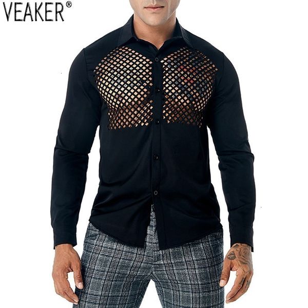 

herfst nieuwe mannen hollow out shirt man slim fit mesh gat shirts effen kleur lange mouw enkele breasted casual shirt, White;black