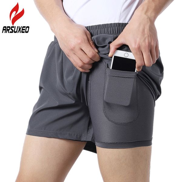 

arsuxeo reflective 2 in 1 men's running shorts with internal network phone pocket breathable marathon gym fitness sports shorts, Black;blue