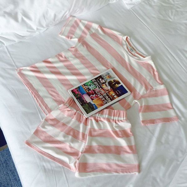 

casual sleepwear woman short sleeve pajama set round neck striped print shorts pajama set, Blue;gray