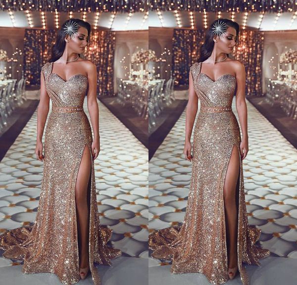 

luxury mermaid prom dresse one shoulder sleeveless satin crystal sash split party dress sweep train robes de soirÃ©e, Black