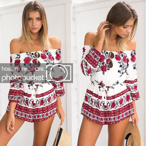 

fashion womens ladies stylish one collar sleeveless floral printing casual summer playsuit rompers jumpsuits beach wear set, Black;white