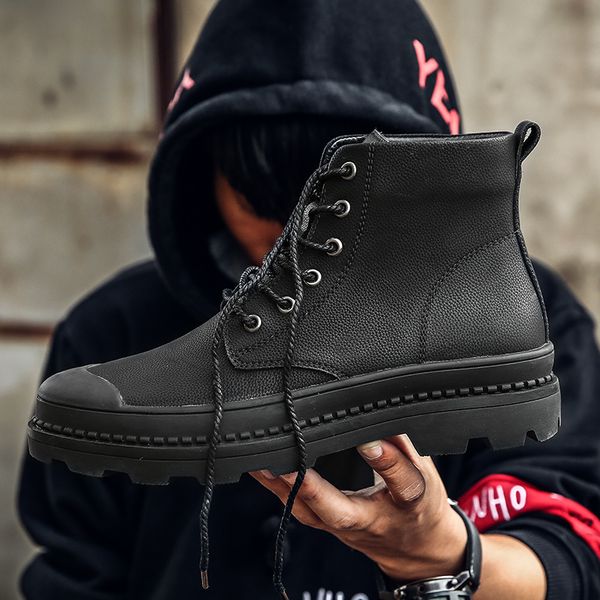

fashion men's leather boots leather high men's shoes plush comfortable retro casual boots male, Black