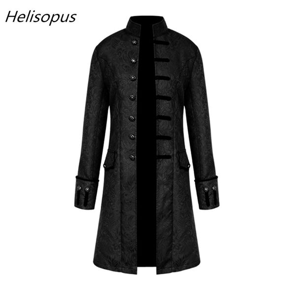 

helisopus men jacket gothic brocade jacket frock coat long sleeve stand collar steampunk men's vintage slim overcoat, Tan;black