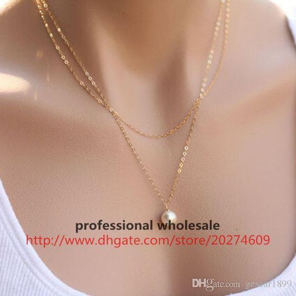 

fashion style two layer gold silver alloy pearl pendant clavicle chain necklace jewelry for woman