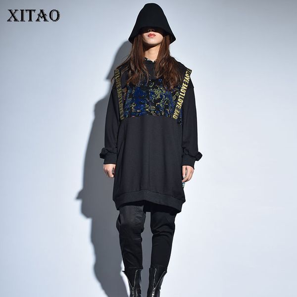 

xitao] pullover women 2019 spring summer hooded collar full sleeve patchwork letter sequined casual pullover sweatshirt gj100, Black