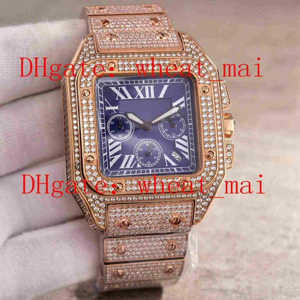 

Luxury blue urface full tar diamond ro e gold tainle teel bracelet 45mm watch automatic men 039 watch quality