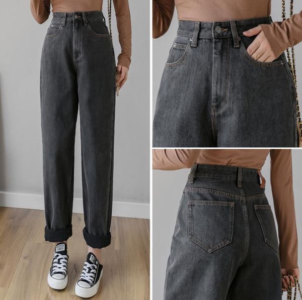 

gray jeans woman plus size high waist trousers boyfriend mom jeans washed full length vintage demin pants straight casual solid, Blue