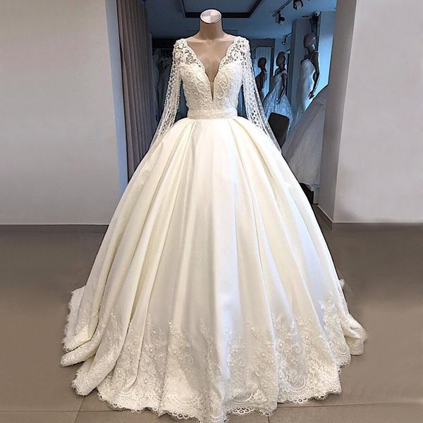 

luxury ball gown arabic wedding dress exquisite pearls lace long sleeve illusion satin bridal gown custom made vestido de noiva, White