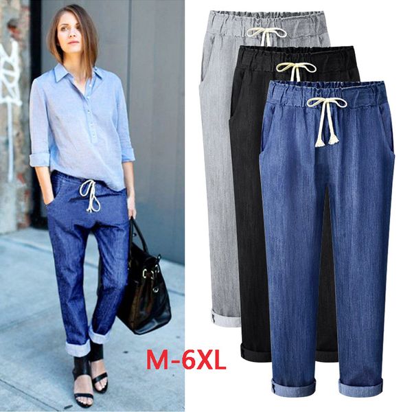

aikeec pants plus size  - 4xl 5xl 6xl pants women elastic solid casual cotton ankle length pencil denim blue thin women fashion, Black;white