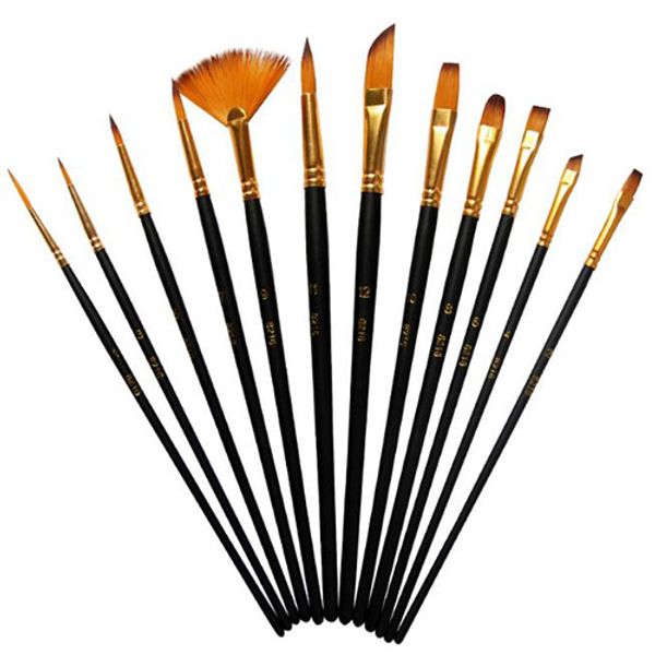 

12pcs/set watercolor gouache paint brushes different shape round pointed tip nylon hair painting brush set art supplies, Black;red
