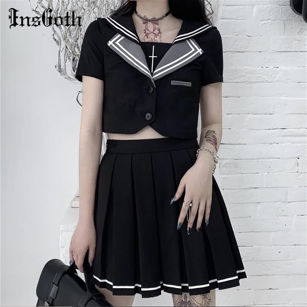 

insgoth harajuku gothic jk uniforms women black two piece sets patchwork crop t-shirt and mini pleated skirts cosplay style sets, White