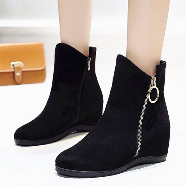 

25#women's ankle booties low heel western side zipper round toe solid color boots bottillons de femme, Black