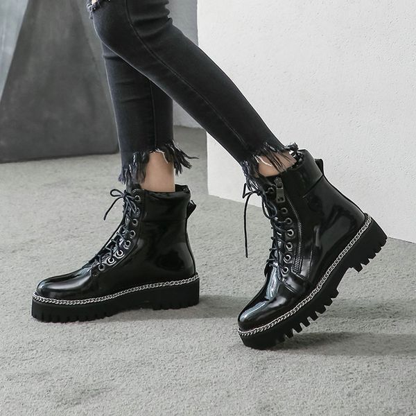 

black fashion chain ankle boots faux leather flat heel women boots side zipper autumn winter woman shoes