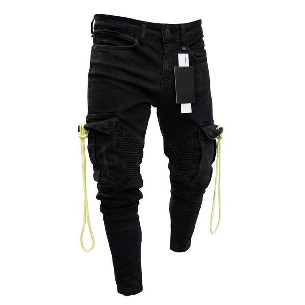 

мужская уличная одежда черные джинсы мульти-карман эластичность с отверстиями молния узкие джинсы мода карандаш брюки размер s-3xl, Blue