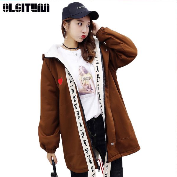 

olgitum new 2018 winter women korean short printing ribbon jacket college style plus velvet padded coat, Black