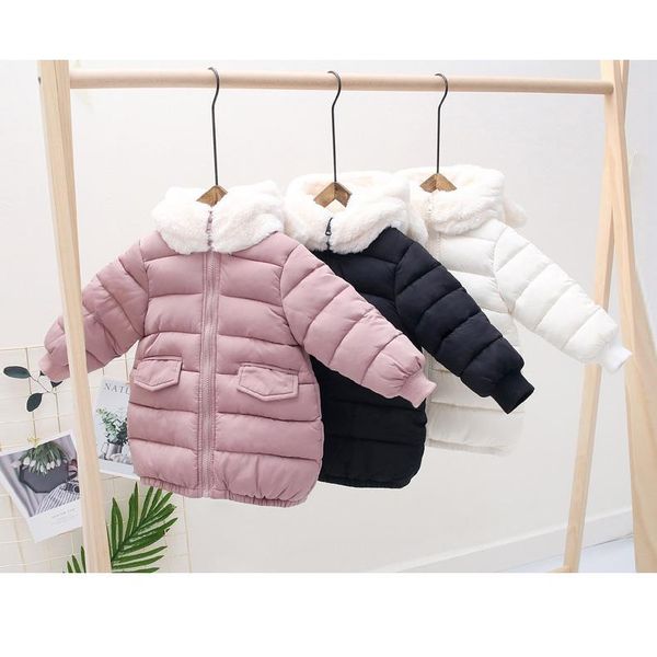 

girl мода вниз пальто ребенка дети aawinter сплошной цвет с длинным рукавом открытой одежды девушка с капюшоном пальто outwear 3 цвета, Black;white