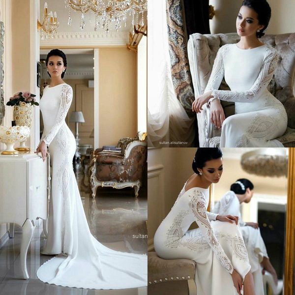 

2019 modest mermaid wedding dresses lace appliqued beaded berta sweep train boho wedding dress bridal gowns plus size sleeves abiti da sposa, White