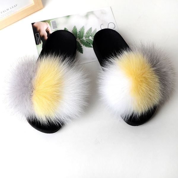 

wholesale new design popular real fluffy cute eva sole fur slides slippers, Black