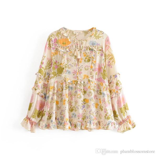 

gypsy wild bloom rayon cream floral v-neck lantern long sleeve autumn blouses female boho women blouse blusas
