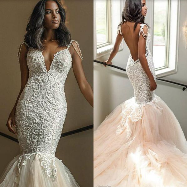 

african lace mermaid wedding dresses vestidos de novia backless tulle sweep train beach wedding gowns beaded bridal dress, White
