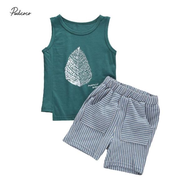 

2020 1-6y soft cotton todder baby boy clothes casual 2pcs leaf print sleeveless vest+pockets striped shorts casual outfits, White