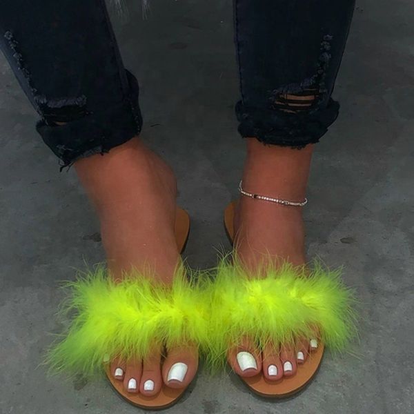 

2020 summer faux fur women slippers flip flops flat non-slip woman's indoor slides girls casual shoes home outdoor slippers, Black