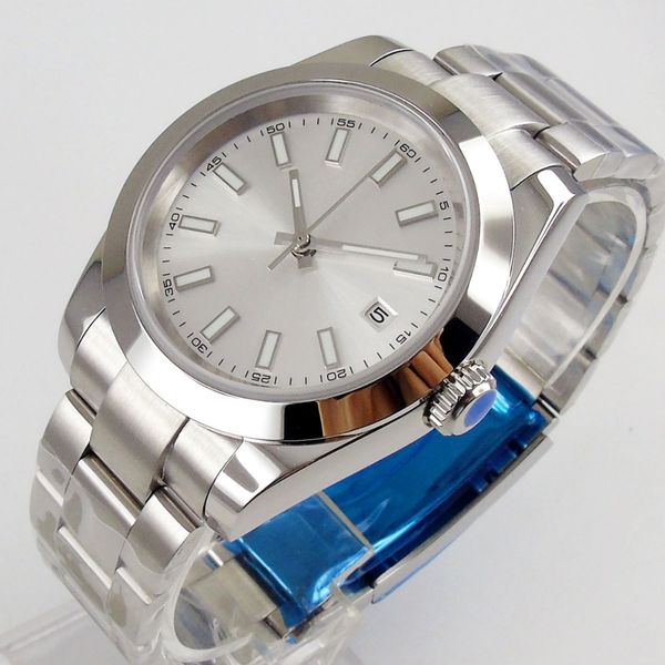 

luxury 40mm white dial luminous men's watch date saphire glass polished bezel miyota 8215 automatic wrist watch 201, Slivery;brown